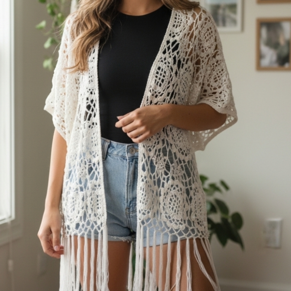 POL Crochet Fringe Lightweight Cardigan